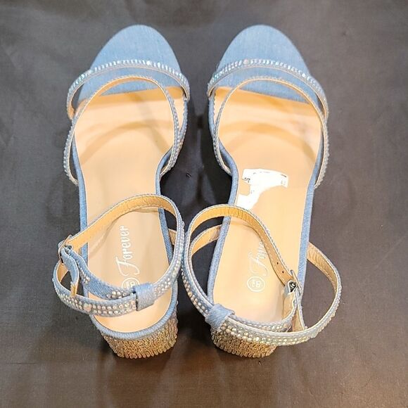 BRAND NEW FOREVER DENIN BLOCK HEEL VERSATILE STUDDED WITH PEARL SANDAL G1 - Picture 5 of 15